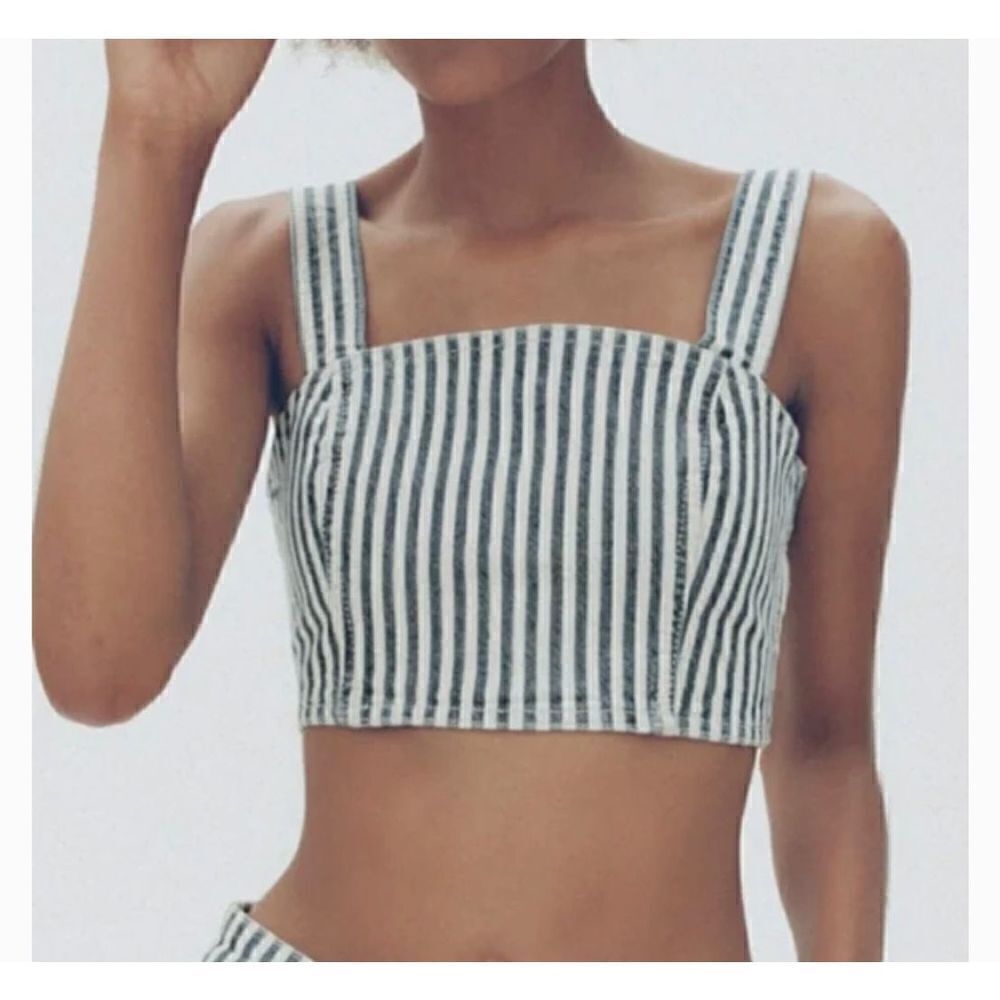 Zara Denim Striped Bustier Corset Cropped Top NWT